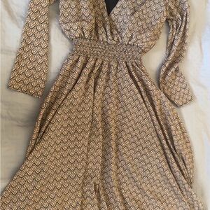 bishop + young Geometric Long Sleeve Dress in Cream and Black